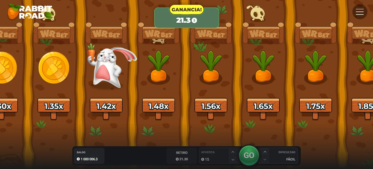 Rabbit Road aperto nel browser di uno smartphone: aiuole, carote e pulsante di incasso