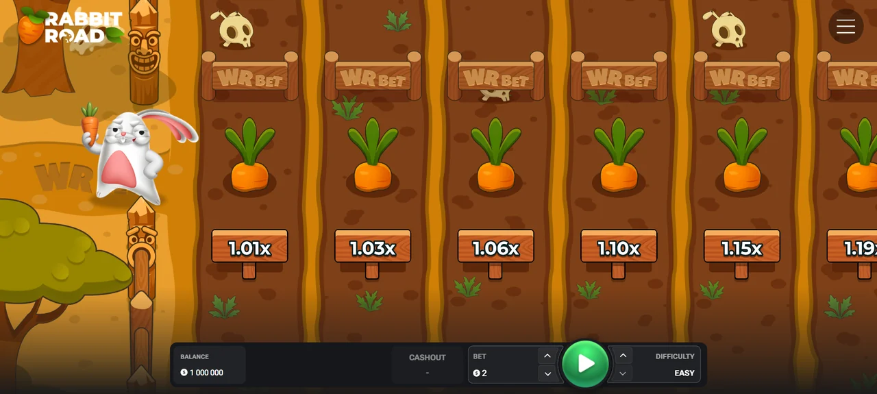 Gameplay di Rabbit Road: aiuole con carote, moltiplicatori 1,01x–1,19x e il coniglio sul lato sinistro